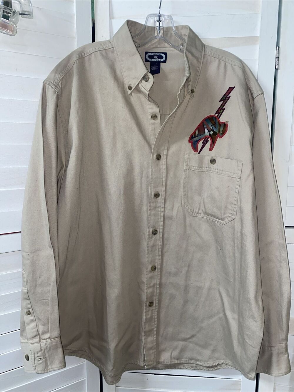 Three Rivers Men’s Khaki Shirt Button Down Long Sleeve Bison Embroidered Large
